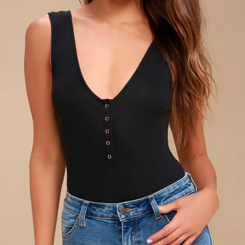 Free People Take Me Out Black Tank Henley Bodysuit